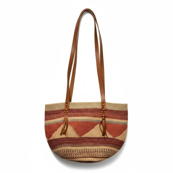 Vintage Raffia Woven Shoulder Bag Boho Beach Bucket Leather Strap Large Brown - Picture 1 of 9